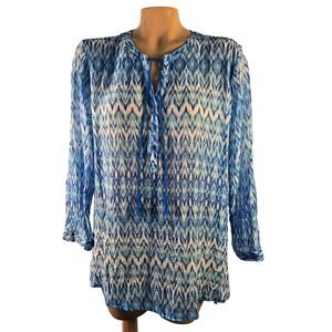 Grand & Greene Blue &White Chevron Long Roll Tab Sleeve Tie Neck Tunic Top Large